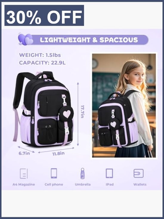Girls Backpack Lightweight Schoolbag 9 Pockets Water Resistant Daypack main image 7